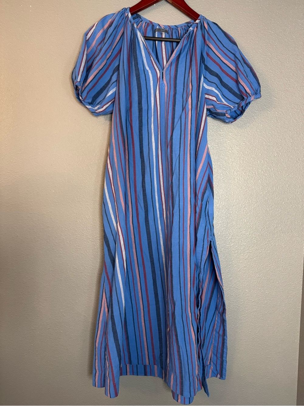 MOTHER The Beach Please Tunic Blue Multi Stripe Cotton Puff Sleeve Dress S - Picture 2 of 14